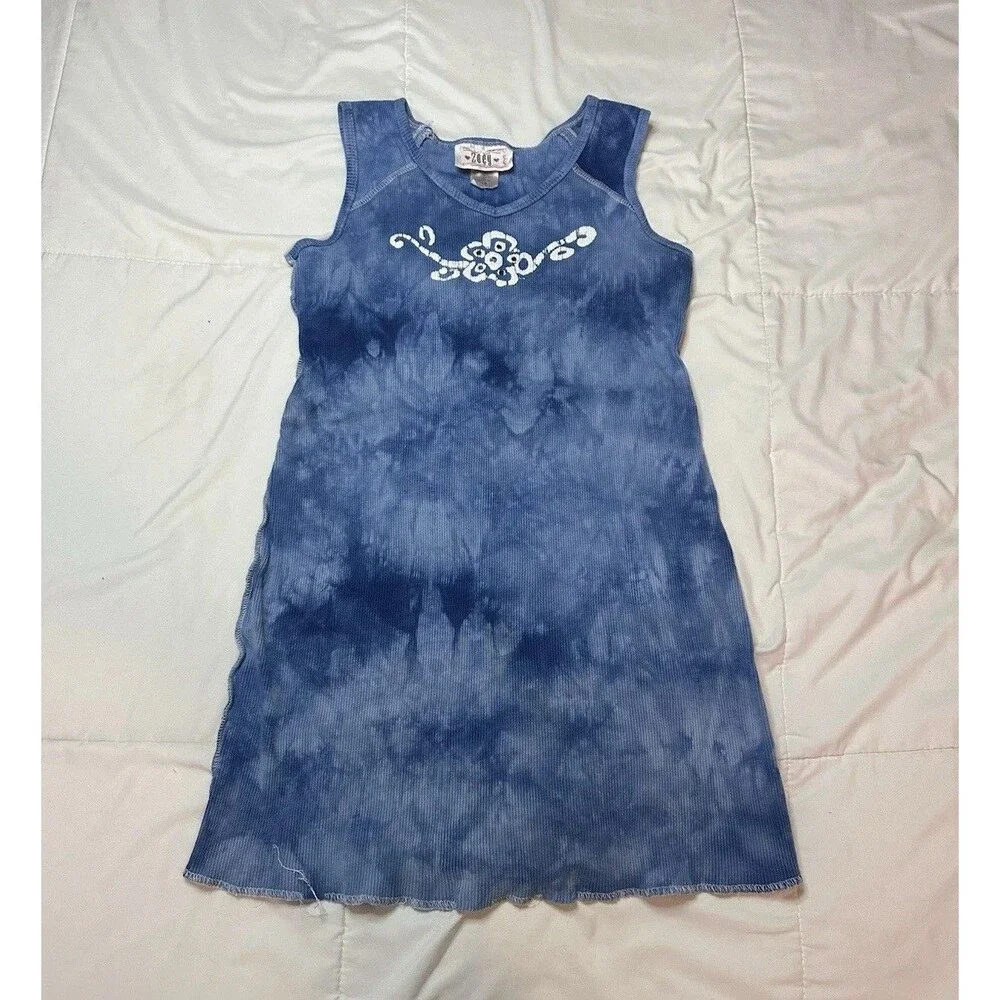 Zoey Y2K Rhinestone Tie Dye Long Tank Blue Mini Dress Girls Sz 10 Cotton Flower